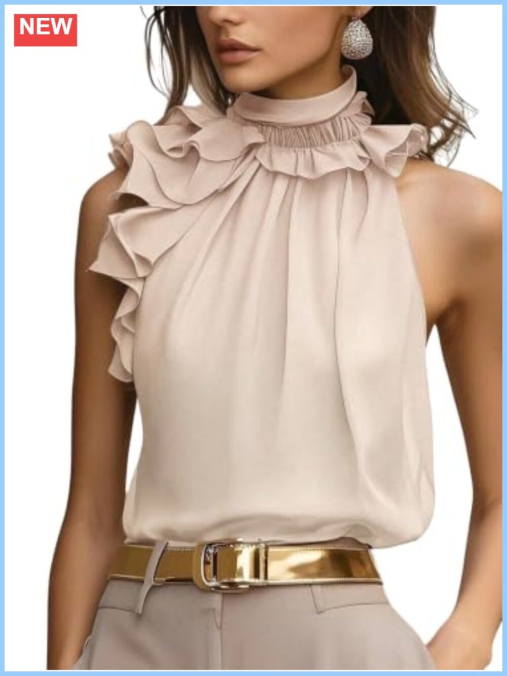 Womens Ruffle Mock Neck Sleeveless Asymmetrical Halter Top